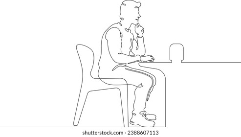 A man is sitting at a table. A man talks to a smart speaker. Home automation. The user listens to a smart speaker. One continuous line drawing. Linear. Hand drawn, white background. One line.