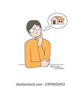 A man is sitting at a table thinking about what to buy and making household plans. hand drawn style vector design illustration