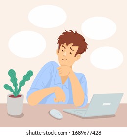 Man sitting at table and thinking . Colorful vector illustration in flat cartoon style.