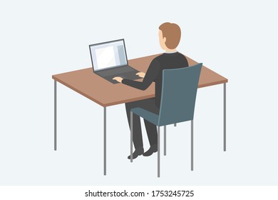 Mann sitzt am Tisch und tippt auf dem Laptop. Vektorgrafik.