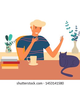 Man sitting at table and using his smartphone in home. Relax and recreational activities time. Vector illustration in flat style.