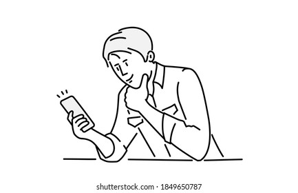 Man sitting at table and using phone. Hand drawn vector illustration.