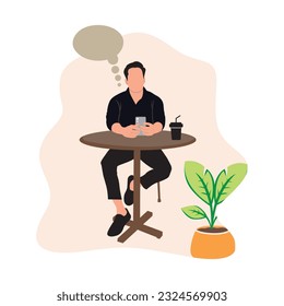 Man sitting at the table and using smartphone. Vector illustration in flat style