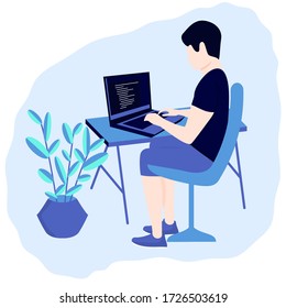 Man sitting at the table working at laptop. Programmer write program code. Making task on computer. Development, testing process in IDE. Home, office. Isolated monochromatic flat illustration.