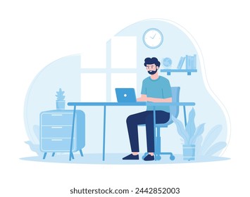 Man sitting at table working with laptop. male person doing office work trending concept flat illustration