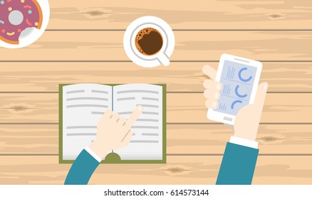 Man sitting at the table and working with laptop in social networks with social media symbols. Flat vector illustration top view of people working at home using laptop
