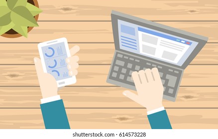Man sitting at the table and working with laptop in social networks with social media symbols. Flat vector illustration top view of people working at home using laptop