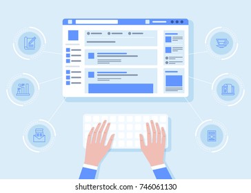 Man sitting at the table and working with laptop in social networks with social media symbols. Flat illustration top view of people working at home using laptop and typing something for blog