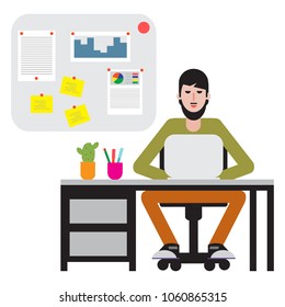 Man sitting at table and working on laptop. Workspace.