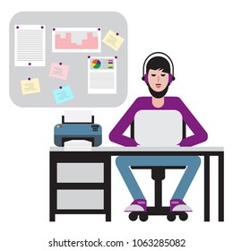 Man sitting at table and working on laptop. Workspace.