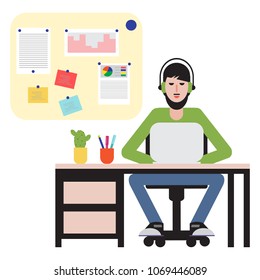 Man sitting at table and working on laptop. Workspace.