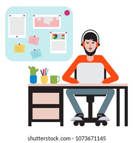 Man sitting at table and working on laptop. Workspace.