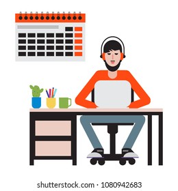 Man sitting at table and working on laptop. Workspace.