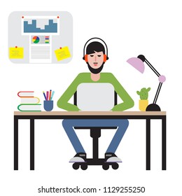 Man sitting at table and working on laptop. Workspace.