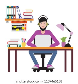 Man sitting at table and working on laptop. Workspace.