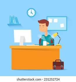 Man sitting at the table and working on the computer in the office. Vector illustration, flat style