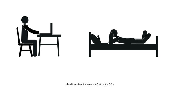um homem sentado em uma mesa trabalhando em um laptop, um freelancer, um homem deitado na cama, descansando, assistindo seus programas favoritos, vídeos, uma figura de homem, um ícone, um homem de pau, um esboço