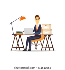 Man sitting at the table and working on a computer, office, business, a lot of work. On an isolated background. Flat design vector illustration.