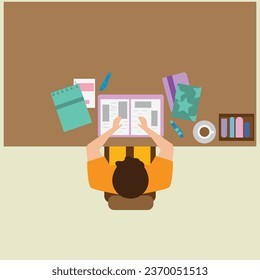 Man sitting at the table and working with workspace. flat vector illustration top view.