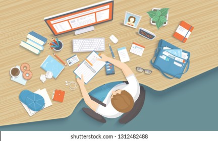 Man sitting at the table. Workplace Desktop Workspace Chair, office supplies, monitor, books, notebook, headphones, phone, purse, glasses, paper, coffee, donuts, bag. Vector Top view 