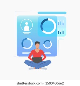 Man sitting tailor fashion with laptop on knees. Screen, social network, website. User interface concept. Vector illustration for website, landing page, online store