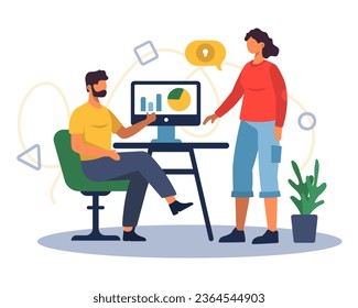 Hombre sentado en un cuento cerca de la computadora y hablando con mujer. Concepto de aumento de la productividad y la eficiencia en las empresas. Ilustración vectorial plana en estilo de dibujos animados en colores azules
