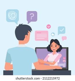 Man sitting and talking to psychologist online. Female psychotherapist helping patient by video call. people character vector design.