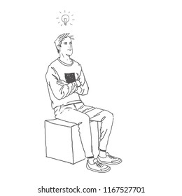 A man is sitting and thinking has an idea.  Vector hand-drawn sketch.