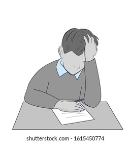 man sitting thinking over paper. filling out the questionnaire. task performance. vector illustration.