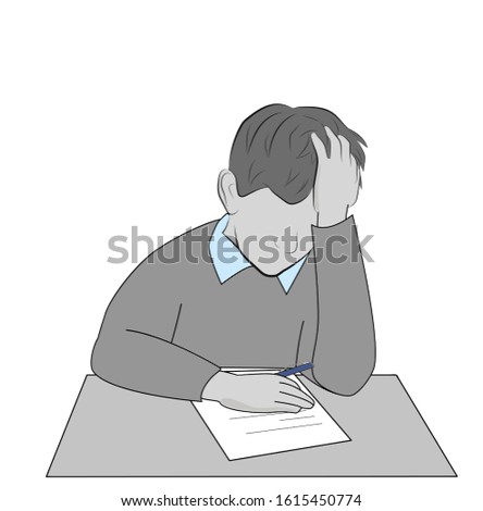 man sitting thinking over paper. filling out the questionnaire. task performance. vector illustration.