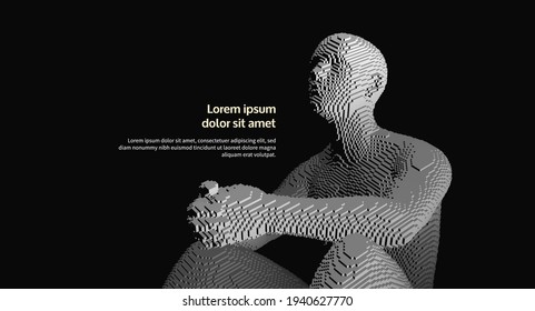Man sitting and thinking of problems. Searching for answers. Determination and perseverance. Reliable support. Confident pose. Waiting for help. Voxel art. 3D vector illustration.