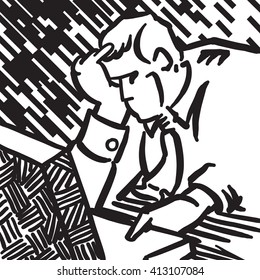 Man sitting in thought by the light of his laptop computer screen. Digital looking lines shade the background.
