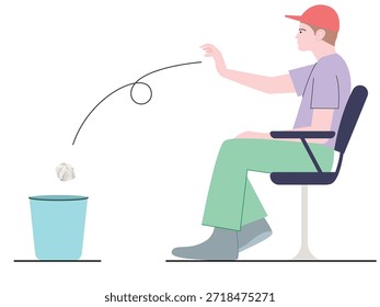 Man Sitting and Throwing Waste Paper into Dustbin, Man Disposing Waste Paper in Dustbin While Sitting, flat style illustration
