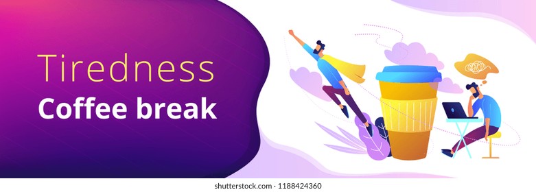 A man sitting tired at the desk and another flying full of energy after cup of coffee. Coffee break, low energy, tiredness, energizing concept, violet palette. Header or footer banner template.