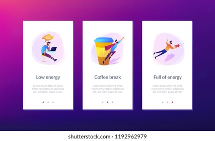 A man sitting tired at the desk and another flying full of energy after cup of coffee. Coffee break, low energy, tiredness, energizing concept, violet palette. Mobile UI UX app interface template.