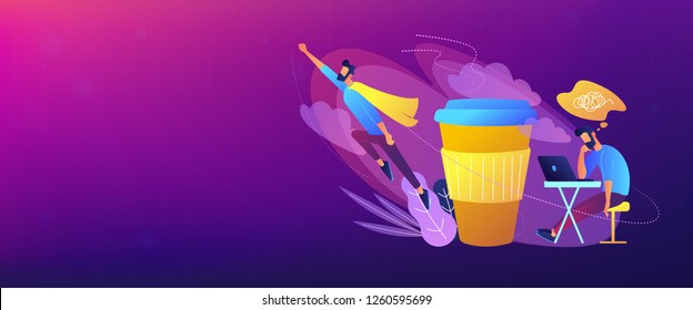 A man sitting tired at the desk and another flying full of energy after cup of coffee. Coffee break, low energy, tiredness, energizing concept, violet palette. Header or footer banner template.