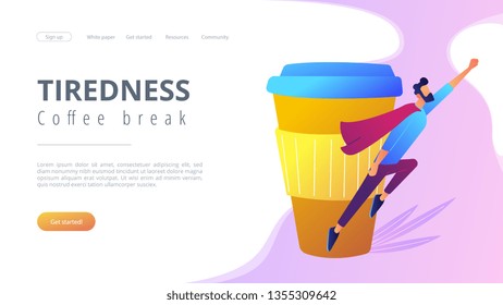 A man sitting tired at the desk and another flying full of energy after cup of coffee. Coffee break, low energy, tiredness, energizing concept, violet palette. Website landing web page template.