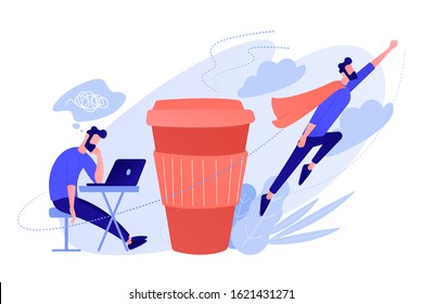 A man sitting tired at the desk and another flying full of energy after cup of coffee. Coffee break, low energy, tiredness, energizing concept, pinkish coral blue palette. Vector illustration on white