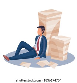 a man sitting tiredly and leaning against a pile of papers behind his back, fatigue, depression, impotence, isolated object on a white background, vector illustration, eps