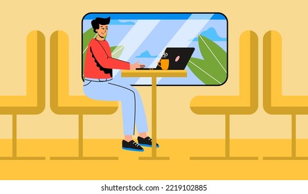 Un hombre está sentado en un tren, en un tren eléctrico. Trabajar o estudiar en la carretera. Viajes