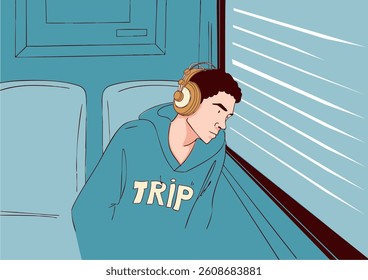 Man sitting in a train carriage and looking out the window. Vector illustration.
