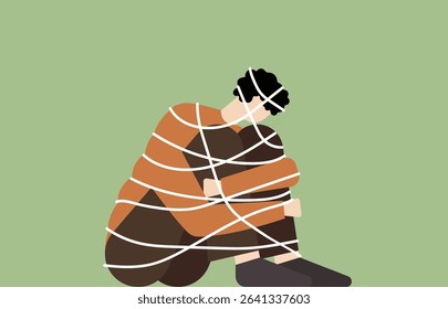 Man sitting and trapped in wire complexity, mental health depressed man illustration