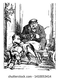 Un hombre sentado con dos perros parados cerca de él, dibujo de líneas antiguas o ilustración de grabado