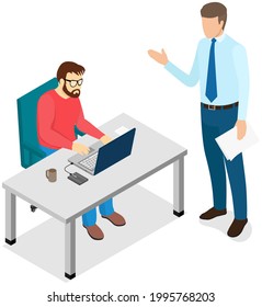 Man sitting and typing on computer. Boss standing near employee and controlling process of working. Director controls work of subordinate and makes notes in clipboard. Male team working with computer