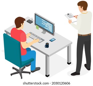 Man sitting and typing on computer. Boss standing near employee and controlling process of working. Director controls work of subordinate and makes notes in clipboard. Male team working with computer
