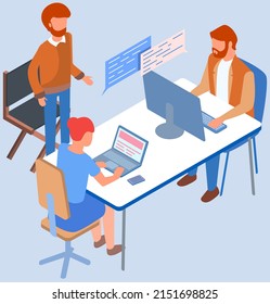 Man sitting and typing on computer. Boss standing near employee and controlling process of working. Director controls work of subordinate and makes notes in clipboard. Male team working with computer