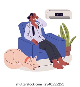 Hombre sentado bajo un acondicionador de soplo. Alivio con dispositivo de acondicionamiento que enfría el aire caliente, alta temperatura en el hogar. Sudorando a la persona en calor. Ilustración vectorial gráfica plana aislada en fondo blanco