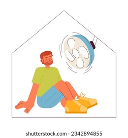 Hombre sentado bajo el ventilador del techo en el carácter vector de color semi-plano del hogar. Reducir el calor en el apartamento. Persona de cuerpo completo editable sobre blanco. Ilustración simple de dibujos animados para el diseño gráfico web