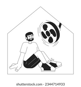 Man sitting under ceiling fan at home monochromatic flat vector character. Cool down heat in house. Editable thin line full body person on white. Simple bw cartoon spot image for web graphic design
