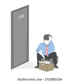 man is sitting under the door of work. dismissal from work. experience, depression. vector illustration.